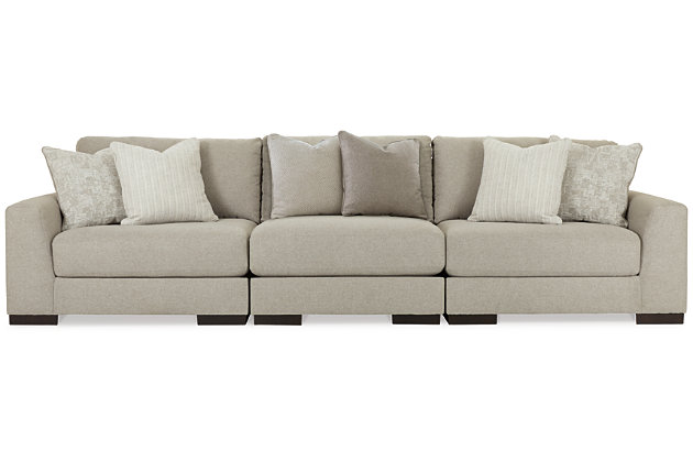 Distinguished yet unassuming, the versatile and visually appealing Lyndeboro sofa adds a refined touch to any space. Inspired by the dapper look of fine tailored menswear, its rich texture turns heads, while a soft, light gray hue blends effortlessly with other colors in the room. Clean lines and wide track arms embrace a minimalist contemporary style. The sofa's modular design offers a variety of configurations for flexibility. Plush, reversible deep cushions provide extraordinary comfort and can be rotated for longer life. Accent pillows in soft shades of complementary colors add subtle contrast. This handsome piece will make a memorable impression again and again.Includes 3 pieces: armless chair, left-arm facing corner chair and right-arm facing corner chair | "Left-arm" and "right-arm" describe the position of the arm when you face the piece | Corner-blocked frame | High-resiliency foam cushions wrapped in thick poly fiber | Reversible cushions | Polyester upholstery | Toss pillows included | Pillows with feather blend inserts | Exposed feet with faux wood finish | Platform foundation system resists sagging 3x better than spring system after 20,000 testing cycles by providing more even support | Smooth platform foundation maintains tight, wrinkle-free look without dips or sags that can occur over time with sinuous spring foundations | Estimated Assembly Time: 10 Minutes