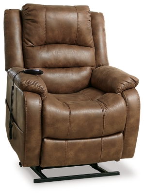 Double your pleasure and your sense of style with the Yandel power lift recliner. Dual motor capability gives you the freedom to recline back and elevate your legs independently for more custom comfort positioning. And with the touch of a button, power lift feature gently eases you from the ultimate slumber into a lift-and-tilt position to get you back on your feet, effortlessly.  Designer upholstery may look like gently battered leather, but it’s actually a feel-good fabric with warm, cozy appeal.One-touch (hand control) power button with adjustable positions | Corner-blocked frame with metal reinforced seat | Attached cushions | High-resiliency foam cushions wrapped in thick poly fiber | Side pocket storage | Dual motors control the footrest and back independently for custom comfort positioning | Emergency battery backup runs on two 9-volt batteries (not included), in case of power outage | Power cord included; UL Listed | Polyester upholstery | Excluded from promotional discounts and coupons | Estimated Assembly Time: 15 Minutes