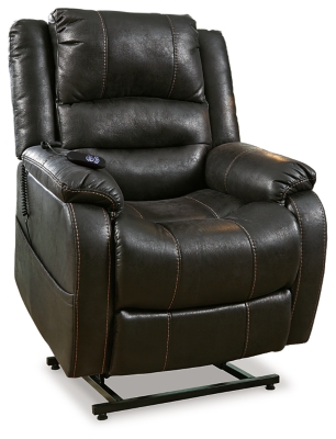 Double your pleasure and your sense of style with the Yandel power lift recliner. Dual motor capability gives you the freedom to recline back and elevate your legs independently for more custom comfort positioning. Designer upholstery may look like gently battered leather, but it’s actually a feel-good fabric with warm, cozy appeal.One-touch (hand control) power button with adjustable positions | Corner-blocked frame with metal reinforced seat | Attached cushions | High-resiliency foam cushions wrapped in thick poly fiber | Side pocket storage | Dual motors control the footrest and back independently for custom comfort positioning | Emergency battery backup runs on two 9-volt batteries (not included), in case of power outage | Power cord included; UL Listed | Polyester upholstery | Excluded from promotional discounts and coupons | Estimated Assembly Time: 15 Minutes