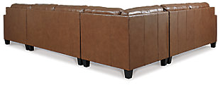 Bask in the beauty of the Baskove sectional. Reserved exclusively for those with an eye for fine contemporary design, this generously scaled sectional in auburn brown is dressed to impress in every way. Real leather throughout the seating area provides incomparable comfort where it counts. Sleek track armrests, tufted box cushions and a sumptuous chaise are the embodiment of luxury.Includes 4 pieces: right-arm facing corner chaise, armless loveseat, left-arm facing loveseat and wedge | "Left-arm" and "right-arm" describe the position of the arm when you face the piece | Corner-blocked frame  | Attached back and loose seat cushions | High-resiliency foam cushions wrapped in thick poly fiber | Leather interior upholstery; vinyl/polyester upholstery | Exposed feet with faux wood finish | Platform foundation system resists sagging 3x better than spring system after 20,000 testing cycles by providing more even support | Smooth platform foundation maintains tight, wrinkle-free look without dips or sags that can occur over time with sinuous spring foundations | Estimated Assembly Time: 15 Minutes