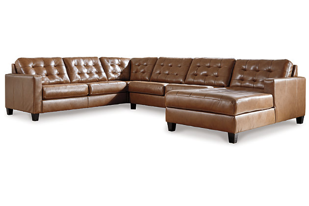 Bask in the beauty of the Baskove sectional. Reserved exclusively for those with an eye for fine contemporary design, this generously scaled sectional in auburn brown is dressed to impress in every way. Real leather throughout the seating area provides incomparable comfort where it counts. Sleek track armrests, tufted box cushions and a sumptuous chaise are the embodiment of luxury.Includes 4 pieces: right-arm facing corner chaise, armless loveseat, left-arm facing loveseat and wedge | "Left-arm" and "right-arm" describe the position of the arm when you face the piece | Corner-blocked frame  | Attached back and loose seat cushions | High-resiliency foam cushions wrapped in thick poly fiber | Leather interior upholstery; vinyl/polyester upholstery | Exposed feet with faux wood finish | Platform foundation system resists sagging 3x better than spring system after 20,000 testing cycles by providing more even support | Smooth platform foundation maintains tight, wrinkle-free look without dips or sags that can occur over time with sinuous spring foundations | Estimated Assembly Time: 15 Minutes