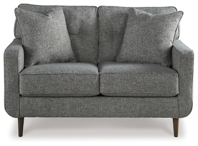 Feed your mid-century modern nostalgia with a contemporary twist in the Zardoni loveseat. Colored in an attractive gray, it’s upholstered in a timeless texture. Classic tufted back and tapered peg legs are a nice revival. Linear profile with two toss pillows adds plenty of fresh style, perfect for small spaces.Corner-blocked frame | Attached back and loose seat cushions | High-resiliency foam cushions wrapped in thick poly fiber | 2 decorative pillows included | Pillows with soft polyfill | Polyester upholstery and pillows | Exposed feet with faux wood finish | Excluded from promotional discounts and coupons