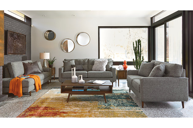 Feed your mid-century modern nostalgia with a contemporary twist in the Zardoni sofa. Colored in an attractive gray, it’s upholstered in a timeless texture. Classic tufted back and tapered peg legs are a nice revival. Linear profile with two toss pillows adds plenty of fresh style, perfect for small spaces.Corner-blocked frame | Attached back and loose seat cushions | High-resiliency foam cushions wrapped in thick poly fiber | 2 decorative pillows included | Pillows with soft polyfill | Polyester upholstery and pillows | Exposed feet with faux wood finish | Excluded from promotional discounts and coupons