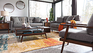 Feed your mid-century modern nostalgia with a contemporary twist in the Zardoni loveseat. Colored in an attractive gray, it’s upholstered in a timeless texture. Classic tufted back and tapered peg legs are a nice revival. Linear profile with two toss pillows adds plenty of fresh style, perfect for small spaces.Corner-blocked frame | Attached back and loose seat cushions | High-resiliency foam cushions wrapped in thick poly fiber | 2 decorative pillows included | Pillows with soft polyfill | Polyester upholstery and pillows | Exposed feet with faux wood finish | Excluded from promotional discounts and coupons