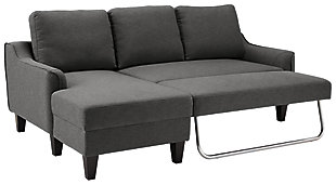 Small space living is easier than ever with the Jarreau sofa chaise sleeper and chair. The sleek silhouette is softened with oversized pillow backs creating a comfortable seating spot. Sporting sleek arms and friendly apartment sizing, these pieces make a fashionable first impression, and help create a blissful contemporary retreat that you’ll want to sink back into every time.Includes sofa chaise sleeper and chair | Corner-blocked frame | Loose cushions | High-resiliency foam cushions wrapped in thick poly fiber | Polyester upholstery | Includes a pullout cushion that sits atop a supportive steel frame | Exposed feet with faux wood finish | Estimated Assembly Time: 30 Minutes