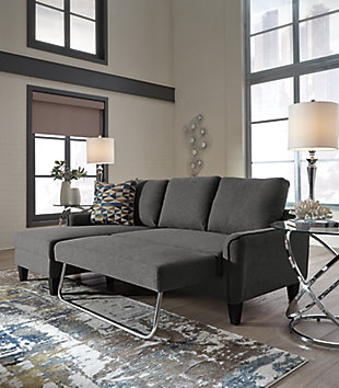 Small space living is easier than ever with the Jarreau sofa chaise sleeper. The soft cushions and oversized pillow backs are sure to be a comfortable seating treat. Sporting sleek arms and friendly apartment sizing, this sleeper makes a fashionable first impression, and is quick to convert into a sleeper with the included pullout cushion. Great to accommodate guests for an overnight stay.Loose cushions | High-resiliency foam cushions wrapped in thick poly fiber | Polyester upholstery | Includes a pullout cushion that sits atop a supportive steel frame | Exposed feet with faux wood finish | Estimated Assembly Time: 15 Minutes