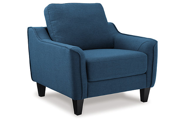 Top-of-the-line design and comfort are one and the same with the blue Jarreau chair. The sleek silhouette and oversized pillow back make it a blissful contemporary retreat that you’ll want to sink back into every time. The piping along the arms as well as the tapered, exposed feet add a chic, timeless touch to top off the piece. Perfect for small space living and entertaining.Corner-blocked frame | Loose cushions | High-resiliency foam cushions wrapped in thick poly fiber | Polyester upholstery | Exposed feet with faux wood finish | Estimated Assembly Time: 15 Minutes