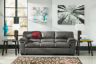If you love the cool look of leather but long for the warm feel of fabric—you’ll find the Bladen full sofa sleeper fits the bill beautifully. Rest assured, the textural, multi-tonal upholstery is rich with character and interest—while plush, pillowy cushions merge comfort and support with a high-style design. A pull-out full-size mattress accommodates overnight guests.Corner-blocked frame | Attached back and loose seat cushions | High-resiliency foam cushions wrapped in thick poly fiber | Exposed feet with faux wood finish | Included bi-fold full memory foam | mattress sits atop a supportive metal frame | Excluded from promotional discounts and coupons