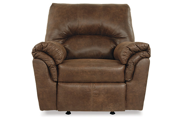 If you love the cool look of leather but long for the warm feel of fabric, you’ll find the Bladen rocker recliner fits the bill beautiy. Rest assured, the textural, multi-tonal upholstery is rich with character and interest—while plush, pillowy cushions merge comfort and support with a high-style design.Gentle roc motion | Tab pull reclining motion | Corner-blocked frame with metal reinforced seat | Attached back and seat cushions | High-resiliency foam cushions wrapped in thick poly fiber | Polyester/polyurethane upholstery