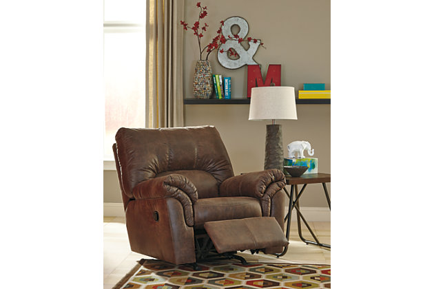 If you love the cool look of leather but long for the warm feel of fabric, you’ll find the Bladen rocker recliner fits the bill beautifully. Rest assured, the textural, multi-tonal upholstery is rich with character and interest—while plush, pillowy cushions merge comfort and support with a high-style design.Gentle rocking motion | Tab pull reclining motion | Corner-blocked frame with metal reinforced seat | Attached back and seat cushions | High-resiliency foam cushions wrapped in thick poly fiber | Polyester/polyurethane upholstery