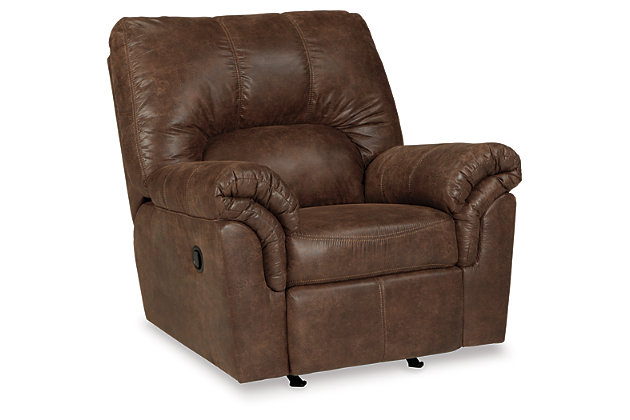 If you love the cool look of leather but long for the warm feel of fabric, you’ll find the Bladen rocker recliner fits the bill beautifully. Rest assured, the textural, multi-tonal upholstery is rich with character and interest—while plush, pillowy cushions merge comfort and support with a high-style design.Gentle rocking motion | Tab pull reclining motion | Corner-blocked frame with metal reinforced seat | Attached back and seat cushions | High-resiliency foam cushions wrapped in thick poly fiber | Polyester/polyurethane upholstery
