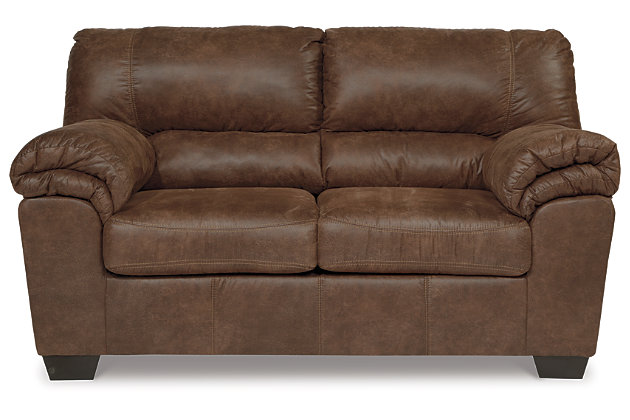 If you love the cool look of leather but long for the warm feel of fabric, you’ll find the Bladen loveseat fits the bill beautiy. Rest assured, the textural, multi-tonal upholstery is rich with character and interest—while plush, pillowy cushions merge comfort and support with a high-style design.Corner-blocked frame | Attached back and loose seat cushions | High-resiliency foam cushions wrapped in thick poly fiber | Polyester/polyurethane upholstery | Exposed tapered feet