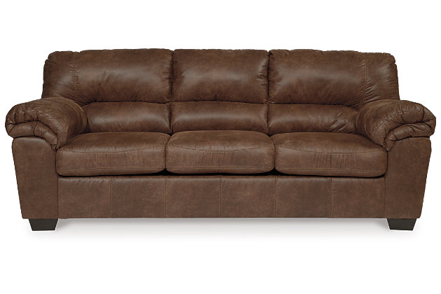 If you love the cool look of leather but long for the warm feel of fabric, you’ll find the Bladen full sofa sleeper fits the bill beautifully. Rest assured, the textural, multi-tonal upholstery is rich with character and interest—while plush, pillowy cushions merge comfort and support with a high-style design. A pull-out full-size mattress accommodates overnight guests.Corner-blocked frame | Attached back and loose seat cushions | High-resiliency foam cushions wrapped in thick poly fiber | Polyester/polyurethane upholstery | Exposed tapered feet | Included bi-fold full memory foam mattress sits atop a supportive metal frame