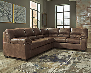 If you love the cool look of leather but long for the warm feel of fabric, you’ll find the Bladen sectional fits the bill beautifully. Rest assured, the textural, multi-tonal upholstery is rich with character and interest—while plush, pillowy cushions merge comfort and support with a high-style design.Includes 3 pieces: left-arm facing loveseat, right-arm facing sofa and armless chair | "Left-arm" and "right-arm" describe the position of the arm when you face the piece | Corner-blocked frame | Attached back and loose seat cushions | High-resiliency foam cushions wrapped in thick poly fiber | Polyester/polyurethane upholstery | Exposed triblock feet | Estimated Assembly Time: 10 Minutes