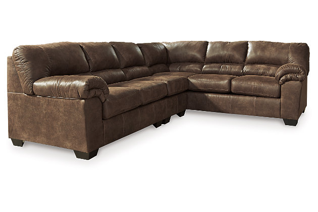 If you love the cool look of leather but long for the warm feel of fabric, you’ll find the Bladen sectional fits the bill beautifully. Rest assured, the textural, multi-tonal upholstery is rich with character and interest—while plush, pillowy cushions merge comfort and support with a high-style design.Includes 3 pieces: left-arm facing loveseat, right-arm facing sofa and armless chair | "Left-arm" and "right-arm" describe the position of the arm when you face the piece | Corner-blocked frame | Attached back and loose seat cushions | High-resiliency foam cushions wrapped in thick poly fiber | Polyester/polyurethane upholstery | Exposed triblock feet | Estimated Assembly Time: 10 Minutes