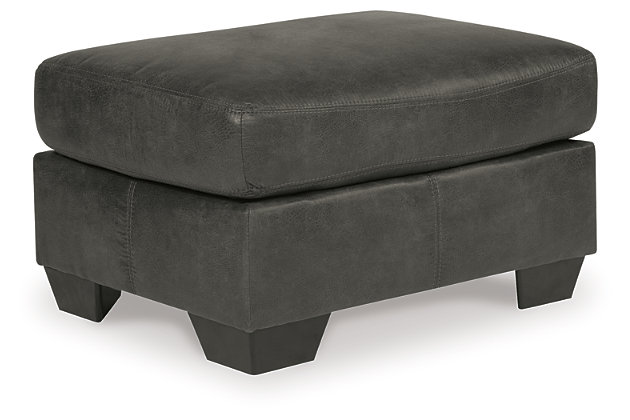 If you love the cool look of leather but long for the warm feel of fabric, you'll find the Bladen ottoman fits the bill beautifully. Enhancing its handsome profile and generous scale: a textural, multi-tonal upholstery that’s loaded with character and interest. A rich addition to your space at a comfortable price.Corner-blocked frame | Firmly cushioned | High-resiliency foam cushion wrapped in thick poly fiber | Polyester/polyurethane upholstery | Exposed tapered feet