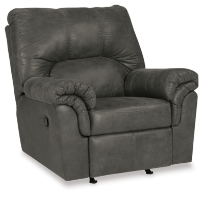 If you love the cool look of leather but long for the warm feel of fabric, you’ll find the Bladen rocker recliner fits the bill beautifully. Rest assured, the textural, multi-tonal upholstery is rich with character and interest—while plush, pillowy cushions merge comfort and support with a high-style design.Gentle rocking motion | Tab pull reclining motion | Corner-blocked frame with metal reinforced seat | Attached back and seat cushions | High-resiliency foam cushions wrapped in thick poly fiber | Polyester/polyurethane upholstery