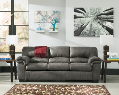 If you love the cool look of leather but long for the warm feel of fabric, you’ll find the Bladen full sofa sleeper fits the bill beautifully. Rest assured, the textural, multi-tonal upholstery is rich with character and interest—while plush, pillowy cushions merge comfort and support with a high-style design. A pull-out full-size mattress accommodates overnight guests.Corner-blocked frame | Attached back and loose seat cushions | High-resiliency foam cushions wrapped in thick poly fiber | Polyester/polyurethane upholstery | Exposed tapered feet | Included bi-fold full memory foam mattress sits atop a supportive metal frame