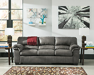 If you love the cool look of leather but long for the warm feel of fabric, you’ll find the Bladen full sofa sleeper fits the bill beautifully. Rest assured, the textural, multi-tonal upholstery is rich with character and interest—while plush, pillowy cushions merge comfort and support with a high-style design. A pull-out full-size mattress accommodates overnight guests.Corner-blocked frame | Attached back and loose seat cushions | High-resiliency foam cushions wrapped in thick poly fiber | Polyester/polyurethane upholstery | Exposed tapered feet | Included bi-fold full memory foam mattress sits atop a supportive metal frame