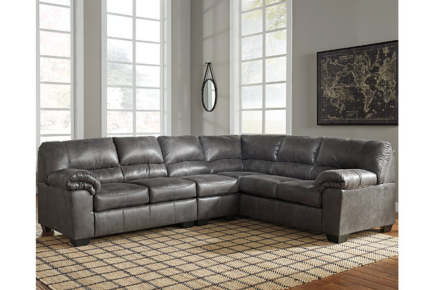 If you love the cool look of leather but long for the warm feel of fabric, you’ll find the Bladen sectional fits the bill beautifully. Rest assured, the textural, multi-tonal upholstery is rich with character and interest—while plush, pillowy cushions merge comfort and support with a high-style design.Includes 3 pieces: left-arm facing loveseat, right-arm facing sofa and armless chair | Left-arm and "right-arm" describe the position of the arm when you face the piece | Corner-blocked frame | Attached back and loose seat cushions | High-resiliency foam cushions wrapped in thick poly fiber | Polyester/polyurethane upholstery | Exposed triblock feet | Estimated Assembly Time: 10 Minutes