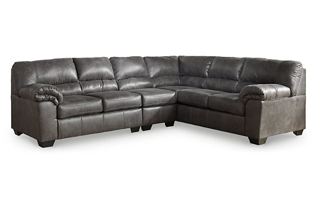 If you love the cool look of leather but long for the warm feel of fabric, you’ll find the Bladen sectional fits the bill beautifully. Rest assured, the textural, multi-tonal upholstery is rich with character and interest—while plush, pillowy cushions merge comfort and support with a high-style design.Includes 3 pieces: left-arm facing loveseat, right-arm facing sofa and armless chair | Left-arm and "right-arm" describe the position of the arm when you face the piece | Corner-blocked frame | Attached back and loose seat cushions | High-resiliency foam cushions wrapped in thick poly fiber | Polyester/polyurethane upholstery | Exposed triblock feet | Estimated Assembly Time: 10 Minutes