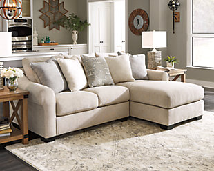 Whether your personal style is urban glam or cozy modern farmhouse, rest assured the Carnaby sectional is an inspired choice. Irresistible elements include sloped and sculptural roll arms and a light and lovely upholstery with linen weave texture that’s beautifully on trend. A plethora of decorative designer pillows add a sense of luxury.Includes 2 pieces: right-arm facing corner chaise and left-arm facing loveseat  | "Left-arm" and "right-arm" describe the position of the arm when you face the piece | Corner-blocked frame | Reversible cushions  | High-resiliency reversible foam cushions wrapped in thick poly fiber | Polyester upholstery  | Throw pillows included | Pillows with soft polyfill | Exposed feet with faux wood finish | Platform foundation system resists sagging 3x better than spring system after 20,000 testing cycles by providing more even support | Smooth platform foundation maintains tight, wrinkle-free look without dips or sags that can occur over time with sinuous spring foundations | Estimated Assembly Time: 5 Minutes