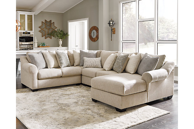 Whether your personal style is urban glam or cozy modern farmhouse, rest assured the Carnaby sectional is an inspired choice. Irresistible elements include sloped and sculptural roll arms and a light and lovely upholstery with linen weave texture that’s beautifully on trend. A plethora of decorative designer pillows add a sense of luxury.Includes 4 pieces: right-arm facing corner chaise, armless loveseat, left-arm facing loveseat and wedge | "Left-arm" and "right-arm" describe the position of the arm when you face the piece | Corner-blocked frame | Loose cushions | High-resiliency reversible foam cushions wrapped in thick poly fiber | Polyester upholstery | Throw pillows included | Pillows with soft polyfill | Exposed feet with faux wood finish | Platform foundation system resists sagging 3x better than spring system after 20,000 testing cycles by providing more even support | Smooth platform foundation maintains tight, wrinkle-free look without dips or sags that can occur over time with sinuous spring foundations | Estimated Assembly Time: 15 Minutes