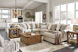 Whether your personal style is urban glam or cozy modern farmhouse, rest assured the Carnaby sectional is an inspired choice. Irresistible elements include sloped and sculptural roll arms and a light and lovely upholstery with linen weave texture that’s beautifully on trend. A plethora of decorative designer pillows add a sense of luxury.Includes 4 pieces: right-arm facing corner chaise, armless loveseat, left-arm facing loveseat and wedge | "Left-arm" and "right-arm" describe the position of the arm when you face the piece | Corner-blocked frame | Loose cushions | High-resiliency reversible foam cushions wrapped in thick poly fiber | Polyester upholstery | Throw pillows included | Pillows with soft polyfill | Exposed feet with faux wood finish | Platform foundation system resists sagging 3x better than spring system after 20,000 testing cycles by providing more even support | Smooth platform foundation maintains tight, wrinkle-free look without dips or sags that can occur over time with sinuous spring foundations | Estimated Assembly Time: 15 Minutes