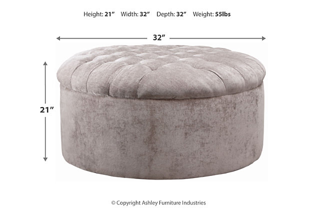 Whether your personal style is urban glam or cozy modern farmhouse, rest assured the Carnaby round ottoman is an inspired choice. Irresistible elements include a sumptuously soft velvet upholstery and a tantalizing top with deep button tufting. What a shapely way to put your love of luxury on display.Corner-blocked frame | Firmly cushioned | High-resiliency foam cushion wrapped in thick poly fiber | Polyester velvet upholstery | Button tufting