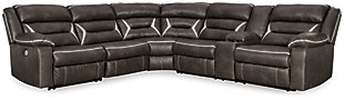 You could play it safe. Or you could choose to stand out in the crowd with the brilliantly styled Kincord sectional with power. Ultra cool, ultra contemporary and ultra comfortable, this fashion-forward sectional sports a fabulous faux leather enhanced with contrasting stitching that’s right on point. Rest assured, sumptuous pillow top armrests and sleek channel cushioning feel every bit as good as they look. Enlightened elements include a power control with USB plug-in and blue LED lighting (by the cup holders) to create a home theater experience worthy of A-listers.Includes 4 pieces: armless chair, left-arm facing zero wall power recliner, right-arm facing power reclining sofa with console and wedge | "Left-arm" and "right-arm" describe the position of the arm when you face the piece | One-touch power control with adjustable positions | Zero wall design requires minimal space between wall and chair back | Corner-blocked frame with metal reinforced seat | Attached cushions | High-resiliency foam cushions wrapped in thick poly fiber | Includes USB charging port in the power control  | Lift-top storage console includes 2 cup holders with blue LED lighting | Polyester/polyurethane upholstery | Power cord included; UL Listed | Estimated Assembly Time: 45 Minutes