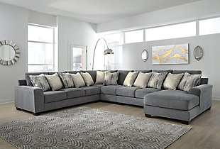 Life may be full of sacrifices, but with the Castano sectional in jewel gray, you compromise nothing to get everything you could ask for. Crisp, clean, contemporary style, pillowy softness and exceptional craftsmanship are yours for the taking at a price that’s surprisingly affordable for such a generously scaled, quality offering. Designed for looks and longevity, this sectional includes our exclusive platform foundation system made to resist sagging and maintain a tight, wrinkle-free aesthetic.Includes 5 pieces: right-arm facing corner chaise, armless loveseat, armless chair, left-arm facing sofa and wedge | Corner-blocked frame | Loose back and seat cushions | 12 toss pillows included | Pillows with soft polyfill | Polyester/linen upholstery | Polyester; polyester/linen; polyester/cotton/rayon; polyester/cotton pillows | Platform foundation system resists sagging 3x better than spring system after 20,000 testing cycles by providing more even support | Smooth platform foundation maintains tight, wrinkle-free look without dips or sags that can occur over time with sinuous spring foundations | Exposed feet with faux wood finish | Estimated Assembly Time: 20 Minutes