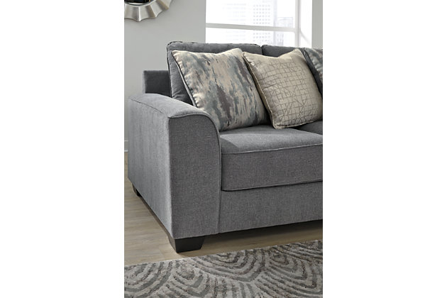 Life may be full of sacrifices, but with the Castano sectional in jewel gray, you compromise nothing to get everything you could ask for. Crisp, clean, contemporary style, pillowy softness and exceptional craftsmanship are yours for the taking at a price that’s surprisingly affordable for such a generously scaled, quality offering. Designed for looks and longevity, this sectional includes our exclusive platform foundation system made to resist sagging and maintain a tight, wrinkle-free aesthetic.Includes 4 pieces: right-arm facing corner chaise, armless loveseat, left-arm facing sofa and wedge | Corner-blocked frame | Loose back and seat cushions | 12 toss pillows included | Pillows with soft polyfill | Polyester/linen upholstery | Polyester; polyester/linen; polyester/cotton/rayon; polyester/cotton pillows | Platform foundation system resists sagging 3x better than spring system after 20,000 testing cycles by providing more even support | Smooth platform foundation maintains tight, wrinkle-free look without dips or sags that can occur over time with sinuous spring foundations | Exposed feet with faux wood finish | Estimated Assembly Time: 15 Minutes