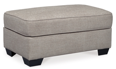 The sumptuously comfortable Belcampo ottoman makes it easy to camp out in style. Inspired by quality menswear, its linen-weave upholstery naturally works in a rich jute tone. Thickly cushioned top is supportive and indulgent.Corner-blocked frame | Firmly cushioned | High-resiliency foam cushion wrapped in thick poly fiber | Polyester upholstery | Exposed feet with faux wood finish | Excluded from promotional discounts and coupons