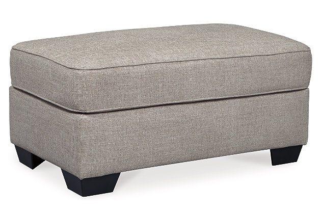 The sumptuously comfortable Belcampo ottoman makes it easy to camp out in style. Inspired by quality menswear, its linen-weave upholstery naturally works in a rich jute tone. Thickly cushioned top is supportive and indulgent.Corner-blocked frame | Firmly cushioned | High-resiliency foam cushion wrapped in thick poly fiber | Polyester upholstery | Exposed feet with faux wood finish | Excluded from promotional discounts and coupons