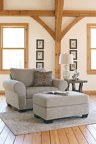 The sumptuously comfortable Belcampo oversized chair makes it easy to camp out in style. Inspired by quality menswear, the linen-weave upholstery naturally works in a rich jute tone. Flared roll arms give the chair a pleasing sense of flow. Sporting shades of warm terracotta and indigo blue, the decorative pillow adds fashionable flair.Corner-blocked frame | Attached back and loose seat cushions | High-resiliency foam cushions wrapped in thick poly fiber | Decorative pillow included | Polyester upholstery and pillow | Pillow with soft polyfill | Exposed feet with faux wood finish | Excluded from promotional discounts and coupons