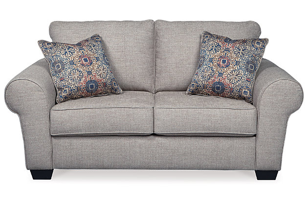 The sumptuously comfortable Belcampo sofa and loveseat make it easy to camp out in style. Inspired by quality menswear, the linen-weave upholstery naturally works in a rich jute tone. Crisply tailored box cushions and roll arms give these pieces a modern classic shape sure to complement so many aesthetics. Sporting shades of warm terracotta and indigo blue, decorative pillows add fashionable flair.Includes sofa and loveseat