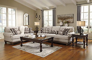 True classic character comes to life in the Harleson loveseat. Set back pleated rolled arms and warm brown exposed frame with bun feet are beautifully traditional. Lovely detailing carries itself through the herringbone weave in the soft upholstery. Seat cushions reverse to maintain durable comfort. Vintage-inspired jumbo nailhead trim graces the design. Plaid and botanical pillows in dark brown are a timeless touch.Corner-blocked frame | Attached back and reversible seat cushions | High-resiliency foam cushions wrapped in thick poly fiber | 4 decorative pillows included | Pillows with soft polyfill | Polyester upholstery; Polyester/acrylic/linen and polyester pillows | Bronze-tone nailhead trim | Exposed feet with faux wood finish | Platform foundation system resists sagging 3x better than spring system after 20,000 testing cycles by providing more even support | Smooth platform foundation maintains tight, wrinkle-free look without dips or sags that can occur over time with sinuous spring foundations