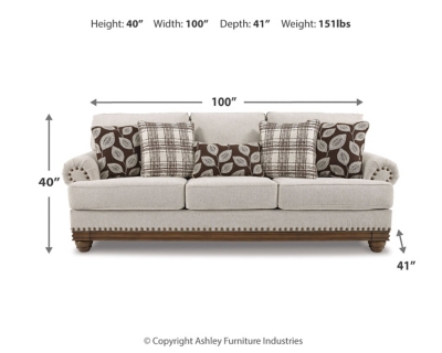 True classic character comes to life in the Harleson sofa. Set back pleated rolled arms and warm brown exposed frame with bun feet are beautifully traditional. Lovely detailing carries itself through the herringbone weave in the soft upholstery. Seat cushions reverse to maintain durable comfort. Vintage-inspired jumbo nailhead trim graces the design. Plaid and botanical pillows in dark brown are a timeless touch.Corner-blocked frame | Attached back and reversible seat cushions | High-resiliency foam cushions wrapped in thick poly fiber | 5 decorative pillows included | Pillows with soft polyfill | Polyester upholstery; Polyester/acrylic/linen and polyester pillows | Bronze-tone nailhead trim | Exposed feet with faux wood finish | Platform foundation system resists sagging 3x better than spring system after 20,000 testing cycles by providing more even support | Smooth platform foundation maintains tight, wrinkle-free look without dips or sags that can occur over time with sinuous spring foundations