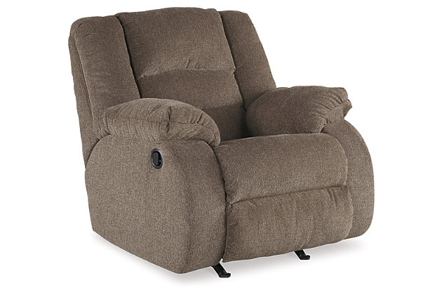 With rounded sides, you’re in for a rocking good time on the Nason rocker recliner. Recline back in infinite positions for comfort. Pillow top arms and feel-good fabric will make you never want to leave. Waterfall back design adds plenty of style to this recliner’s function.Gentle rocking motion | Pull tab reclining motion | Corner-blocked frame with metal reinforced seat | High-resiliency foam cushion wrapped in thick poly fiber | Polyester upholstery | Excluded from promotional discounts and coupons