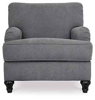 With its graceful curves and rich elements, the Renly chair in slate blue embraces a sense of tradition in a way that feels fresh and new. A favorite among romantics, the chair’s Charles of London arms and rollback profile are beauty to behold.Corner-blocked frame | Attached back and loose seat cushions | High-resiliency foam cushions wrapped in thick poly fiber | Polyester upholstery | Exposed feet with faux wood finish | Platform foundation system resists sagging 3x better than spring system after 20,000 testing cycles by providing more even support | Smooth platform foundation maintains tight, wrinkle-free look without dips or sags that can occur over time with sinuous spring foundations
