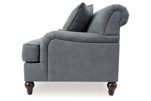With its graceful curves and rich elements, the Renly loveseat in slate blue embraces a sense of tradition in a way that feels fresh and new. A favorite among romantics, the loveseat's Charles of London arms and rollback profile are beauty to behold. Crisp and clean 2-over-2 cushion styling and monochromatic throw pillows prove that less can be more.Corner-blocked frame | Attached back and loose seat cushions | High-resiliency foam cushions wrapped in thick poly fiber | Polyester upholstery | Throw pillows included | Pillows with soft polyfill | Exposed feet with faux wood finish | Platform foundation system resists sagging 3x better than spring system after 20,000 testing cycles by providing more even support | Smooth platform foundation maintains tight, wrinkle-free look without dips or sags that can occur over time with sinuous spring foundations