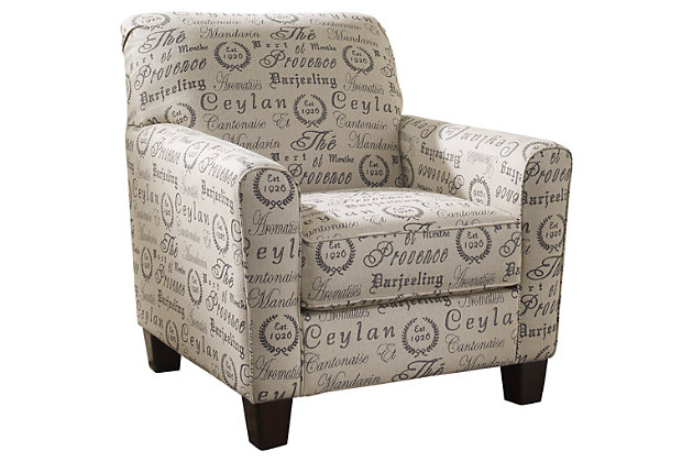 Celebrate your worldly good taste and flair for très chic twists with the Alenya accent chair. With its plush comfort and fanciful French scripting, it speaks the language of casually cool style.Corner-blocked frame | Attached back and loose seat cushion | High-resiliency foam cushion wrapped in thick poly fiber | Linen/viscose upholstery | Exposed legs with faux wood finish | Excluded from promotional discounts and coupons | Estimated Assembly Time: 15 Minutes