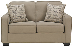 Merging a decidedly clean profile with cozy comfort, the Alenya loveseat is high style made for real living. Neatly tailored box cushions and crisp, track arms beautifully enhance the aesthetic, while a fresh hued microfiber upholstery simply works. Pair of script pillows are a posh touch.Corner-blocked frame | Attached back and loose seat cushions | High-resiliency foam cushions wrapped in thick poly fiber | 2 decorative pillows included | Pillows with soft polyfill | Polyester/nylon upholstery | Linen/viscose pillows | Exposed feet with faux wood finish | Excluded from promotional discounts and coupons