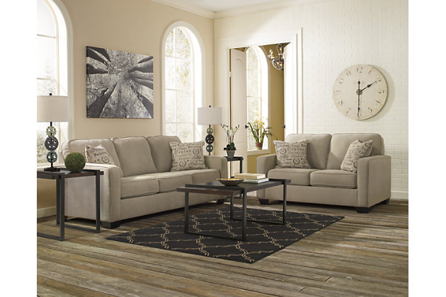 Merging a decidedly clean profile with cozy comfort, the Alenya sofa and loveseat set is high style made for real living. Neatly tailored box cushions and crisp, track arms beautifully enhance the aesthetic, while a fresh-hued microfiber upholstery simply works. Four French script pillows are a tres chic touch.Smart Buys are our best everyday low price and excluded from promotional discounts and coupons | Includes sofa and loveseat | Corner-blocked frames | Attached back and loose seat cushions | High-resiliency foam cushions wrapped in thick poly fiber | 4 decorative pillows included | Pillows with soft polyfill | Polyester upholstery; linen/viscose pillows | Exposed feet with faux wood finish