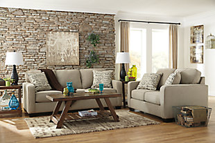 Merging a decidedly clean profile with cozy comfort, the Alenya sofa and loveseat set is high style made for real living. Neatly tailored box cushions and crisp, track arms beautifully enhance the aesthetic, while a fresh-hued microfiber upholstery simply works. Four French script pillows are a tres chic touch.Smart Buys are our best everyday low price and excluded from promotional discounts and coupons | Includes sofa and loveseat | Corner-blocked frames | Attached back and loose seat cushions | High-resiliency foam cushions wrapped in thick poly fiber | 4 decorative pillows included | Pillows with soft polyfill | Polyester upholstery; linen/viscose pillows | Exposed feet with faux wood finish