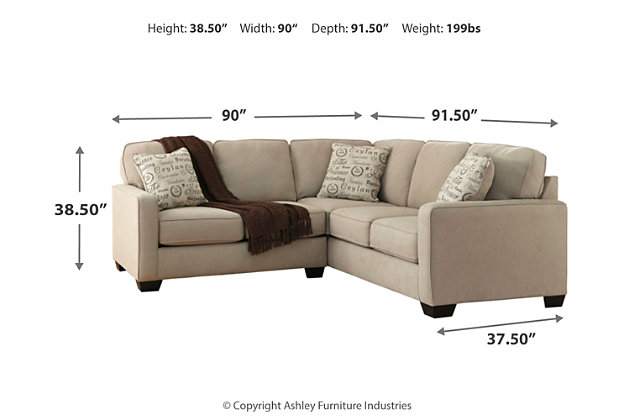 The sleek mid-century lines of the Alenya sectional are always in vogue. With neatly tailored box cushions and track arms, this microfiber upholstered ensemble is supremely comfortable and stylish. Tonal piping and a trio of accent pillows are touches of refinement.Includes 2 pieces: right-arm facing sofa and left-arm facing loveseat | "Left-arm" and "right-arm" describes the position of the arm when you face the piece | Corner-blocked frame | Attached back and loose seat cushions | High-resiliency foam cushions wrapped in thick poly fiber | 3 decorative pillows included | Pillows with soft polyfill | Polyester/nylon upholstery; linen/viscose and polyester/nylon pillows | Exposed legs with faux wood finish | Estimated Assembly Time: 5 Minutes