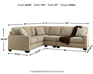 The sleek mid-century lines of the Alenya sectional are always in vogue. With neatly tailored box cushions and track arms, this microfiber upholstered ensemble is supremely comfortable and stylish. Tonal piping and a trio of accent pillows are touches of refinement.Includes 3 pieces: left-arm facing sofa, armless chair and right-arm facing loveseat | "Left-arm" and "right-arm" describe the position of the arm when you face the piece | Corner-blocked frame | Attached back and loose seat cushions | High-resiliency foam cushions wrapped in thick poly fiber | 3 decorative pillows included | Pillows with soft polyfill | Polyester/nylon upholstery; linen/viscose and polyester/nylon pillows | Exposed legs with faux wood finish
 | Estimated Assembly Time: 10 Minutes