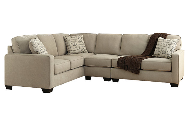 The sleek mid-century lines of the Alenya sectional are always in vogue. With neatly tailored box cushions and track arms, this microfiber upholstered ensemble is supremely comfortable and stylish. Tonal piping and a trio of accent pillows are touches of refinement.Includes 3 pieces: left-arm facing sofa, armless chair and right-arm facing loveseat | "Left-arm" and "right-arm" describe the position of the arm when you face the piece | Corner-blocked frame | Attached back and loose seat cushions | High-resiliency foam cushions wrapped in thick poly fiber | 3 decorative pillows included | Pillows with soft polyfill | Polyester/nylon upholstery; linen/viscose and polyester/nylon pillows | Exposed legs with faux wood finish
 | Estimated Assembly Time: 10 Minutes