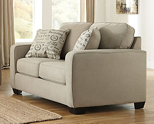 Merging a decidedly clean profile with cozy comfort, the Alenya living room set with sofa, loveseat and ottoman is high style made for real living. Upholstered in a fresh hued microfiber, the sofa and loveseat are dressed to impress with neatly tailored box cushions and crisp, track arms. Wrapped in a fancifully scripted fabric, the oversized ottoman completes the scene with tres chic flair.Smart Buys are our best everyday low price and excluded from promotional discounts and coupons | Includes sofa, loveseat and ottoman | Corner-blocked frames | Attached back and loose seat cushions (sofa and loveseat) | Firmly cushioned ottoman | High-resiliency foam cushions wrapped in thick poly fiber | 4 decorative pillows included | Pillows with soft polyfill | Polyester upholstery on sofa and loveseat | Linen/viscose upholstery on ottoman and decorative pillows | Exposed feet with faux wood finish