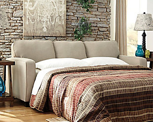 Merging a decidedly clean profile with cozy comfort, the Alenya queen sofa sleeper is high style made for real living. Neatly tailored box cushions and crisp, track arms beautifully enhance the aesthetic, while a fresh hued microfiber upholstery simply works. Pair of script pillows are a posh touch. Queen memory foam mattress accommodates overnight guests.Corner-blocked frame | Attached back and loose seat cushions | High-resiliency foam cushions wrapped in thick poly fiber | 2 decorative pillows included | Pillows with soft polyfill | Polyester/nylon upholstery | Linen/viscose pillows | Exposed feet with faux wood finish | Included bi-fold queen memory foam mattress sits atop a supportive metal frame | Excluded from promotional discounts and coupons